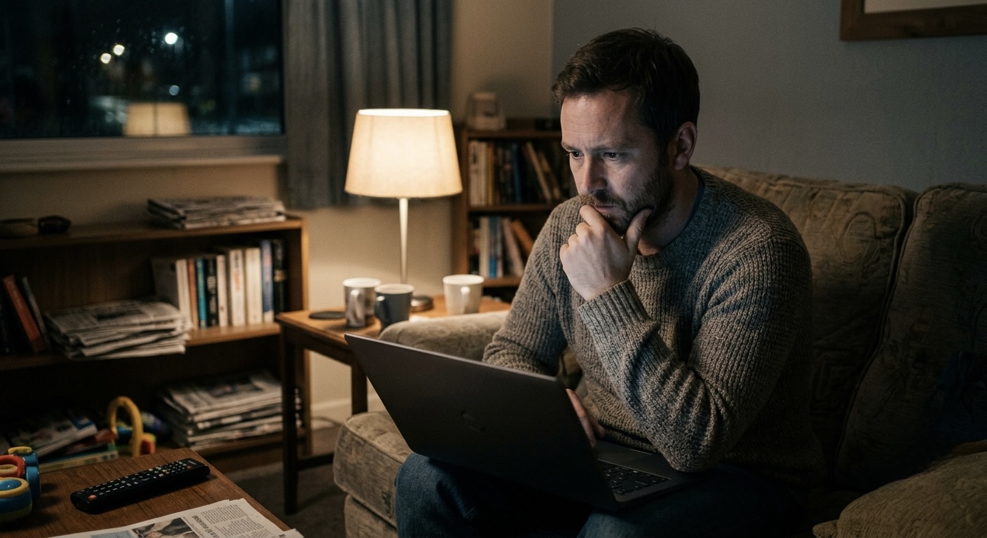 A man feeling confused late at night while searching for answers about potential emotional abuse by his wife